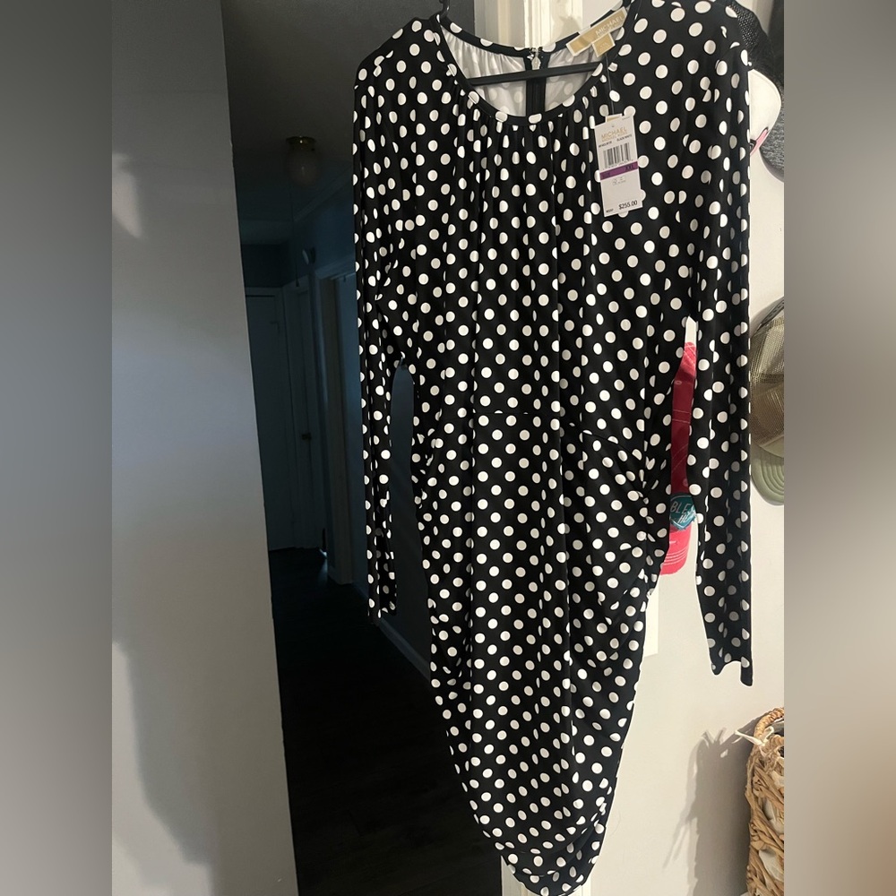 Michael Kors Black and White Polka Dot Ruched Dress